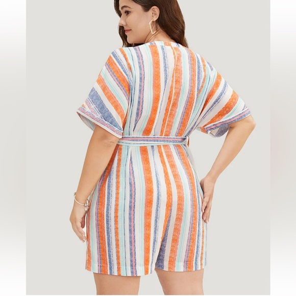 BloomChic Plus Size Striped Contrast Dolman Sleeve Button Up Pocket Belt Romper - Picture 2 of 8